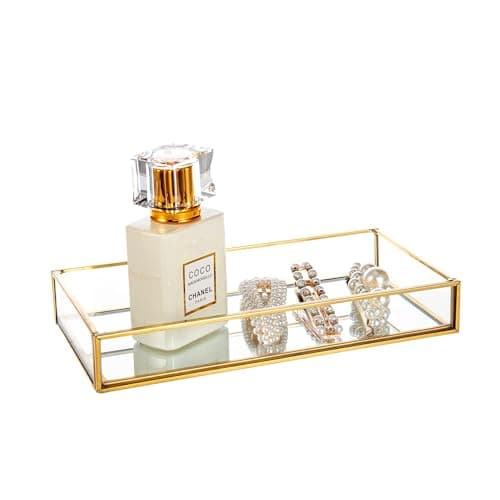 Image of Feyarl Glass Vanity Tray Gold Mirrored Trays Jewelry Trinket Trays Small Perfume Tray Rings Earrings Organizer Decorative Tray for Dressr Drawer Office Tabletop (7.87 inch)