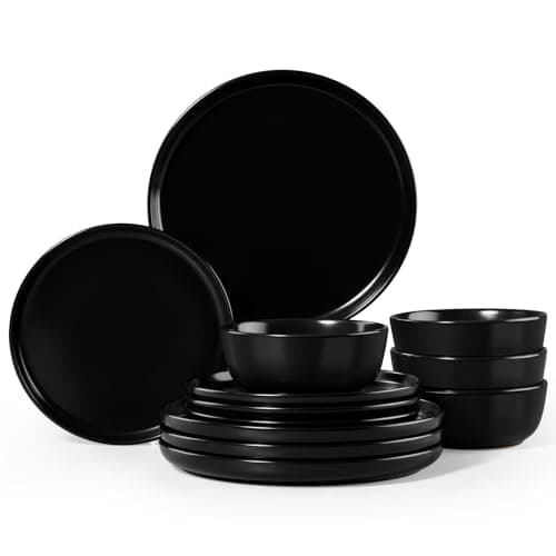 Image of Homikit Plates and Bowls Set, 12-Piece Dinner Stoneware Set for 4 People, Reactive Glaze Dinnerware Crockery for Kitchen Dining, Microwave and Dishwasher Safe - Modern Black