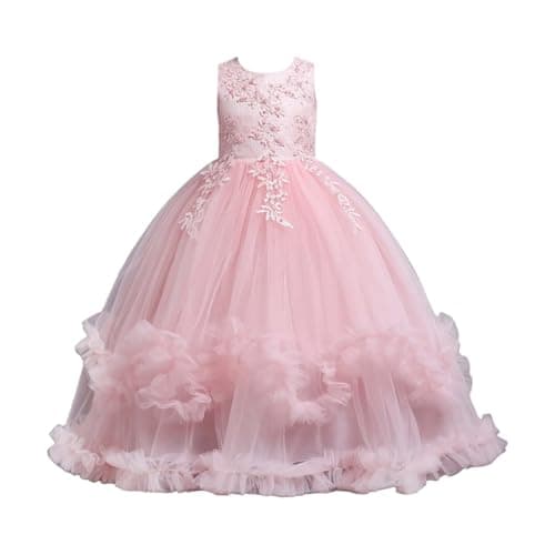 Image of Flower Girls Prom Dresses Embroidered Lace Kids Rainbow Dress Formal Sleeveless Tulle Skirts A Line Birthday Wedding Party Ball Gown (Pink, 9-10 Years)
