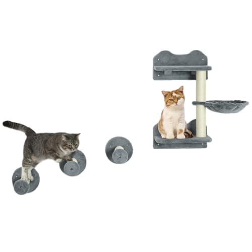 Image of PawHut 4 Piece Cat Shelves, Cat Wall Furniture with Hammock, Steps, Jumping Platforms, Scratching Posts, Wall Mounted Kitty Tree for Indoor Kittens, Grey