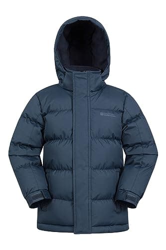 Image of Mountain Warehouse Snow Padded Kids Puffer Jacket - Water Resistant Coat, Fleece Lined Hood, Adjustable Cuffs - For Spring Summer Dark Blue Kids Size 11-12 Years