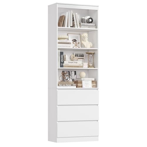Image of FirFurd 202cm Tall Bookcase 7-Tier Bookshelf with Drawers Living Room Bookcase Freestanding Display Cabinet Storage Cupboard Shelving Unit Wooden 202x60x35cm White