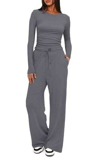 Image of CheChury 2 Piece Co Ord Sets for Women Outfits Lounge Wear Ruched Long Sleeve Tops and High Waisted Wide Straight Leg Trousers Women Tracksuit Casual Leisure Sets,deep gray,XL