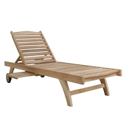 Image of CHARLES BENTLEY Teak Sun Lounger, Outdoor Wooden Reclining Lounger with Wheels & Pull-Out Drinks Table, Adjustable Recline Positions, Classic Slatted Design, Perfect for Garden (202x65cm)