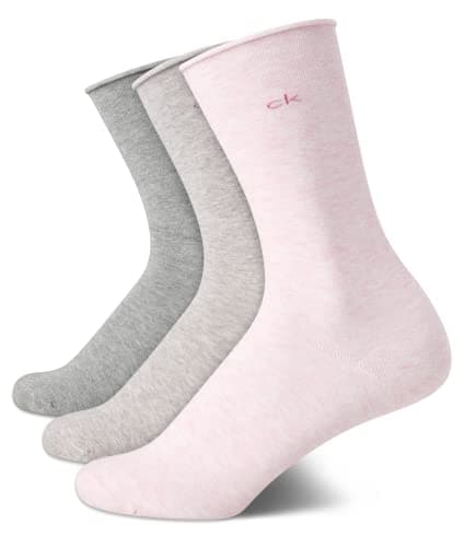 Image of Calvin Klein 3 Pairs Ladies Soft Cotton Blend Roll-Up Cuffed Mini/Mid Crew Socks for Women (Shoe Size 3-10), Pink/Grey, 4-10