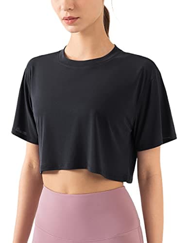 Image of Hanyomo Women's Fitness Workout Crop Tops Short Sleeve Yoga T-Shirts Athletic Running Sports Shirts Black L