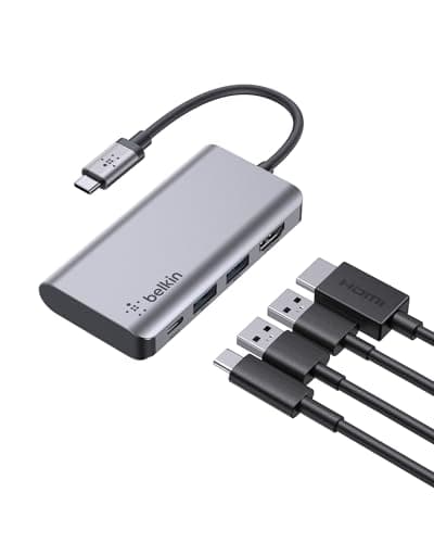Image of Belkin USB C 4-in-1 MultiPort Adapter (with 4K HDMI, USB-C 100W PD Pass-Through Charging, 2 x USB A Ports for MacBook Pro, MacBook Air, iPad Pro, XPS and More)
