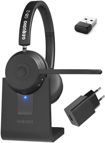 Image of GEQUDIO GB-2 Headset with Microphone Bluetooth | Wireless Headphones | Passive Noise Cancelling | Connect 2 Devices Simultaneously (Mobile Phone, PC, Laptop) | Wireless (with Charging Station, USB