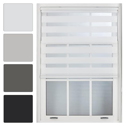 Image of FURNISHED Day and Night Roller Blinds - Zebra Blind Dim or Translucent Vision Roller Shades for Windows and Doors - Dual Layer Fabric, White, 70W x 210H cm
