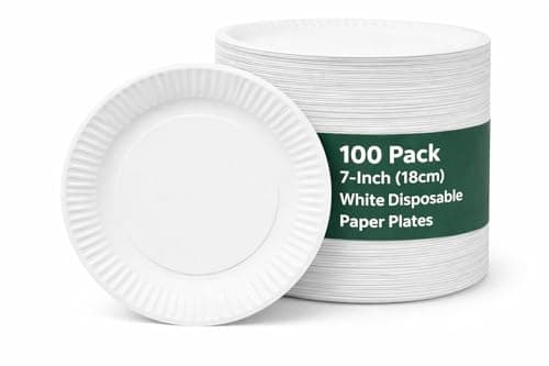 Image of 100 Pack of 7-inch Disposable Paper Plates, 18cm White Paper Plates Perfect for Everyday use, Ideal for BBQ's, Parties and Events.