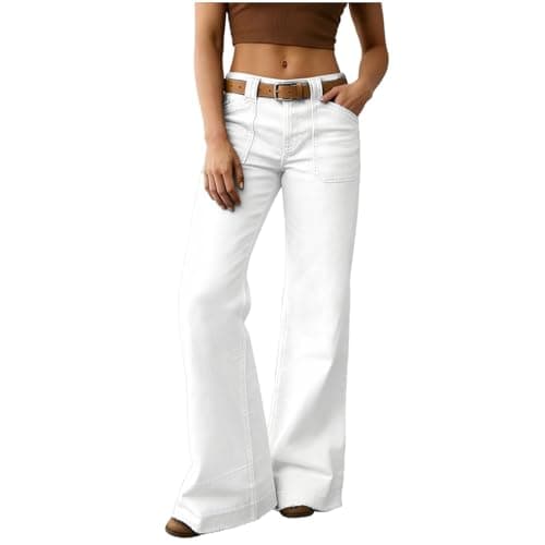 Image of Straight Leg Leggings White Jeans for Women UK High Waisted Slim Fit Stretch Wide Straight Leg Denim Pants Casual Comfy Work Palazzo Trousers with Pockets for Everyday Wear M