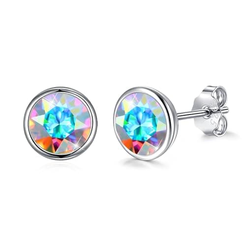 Image of Josfeva 925 Sterling Silver Studs Earrings, Stud Earrings Silver 925 for Women, 8mm Aurora Borealis Round Stud Earring, Small Hypoallergenic Sleeping Earring with Crystal, Jewellery Gift for Birthday