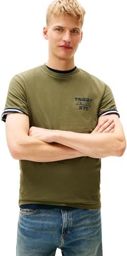 Image of Tommy Jeans Men's TJM Slim Entry Bills Ss Tee Dm0Dm22321 S/S T-Shirt, Green (Dark Greenery), L