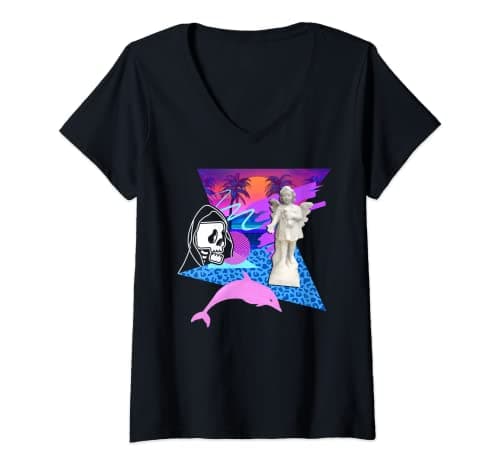 Image of Womens Vaporwave Reaper Horror Angel Statue Dolphin Creepy Palm V-Neck T-Shirt