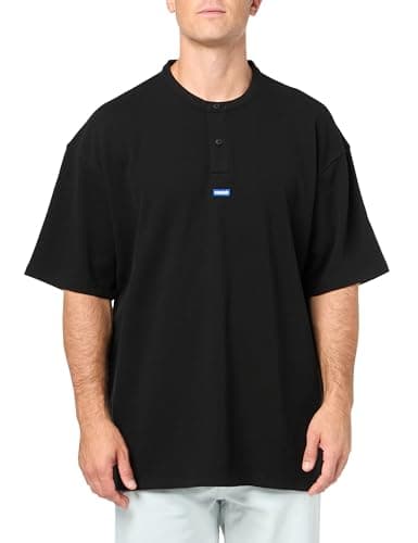 Image of HUGO Men's Small Logo Cotton Henley T-Shirt, Black Pepper, Large