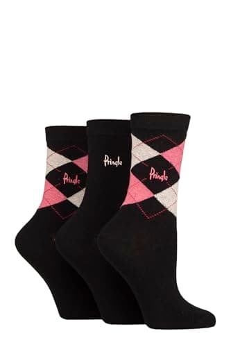 Image of Pringle Ladies Socks in Gift Box - 'Louise' Plain and Argyle Patterned, Soft Cotton, Gift Idea Size 4-8 Black/Pink