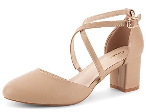 Image of Greatonu Womens Court Shoes Mid Heel Chunky Dress Sandals Ladies Ankle Strap Wedding Party Pumps Nude Size 4