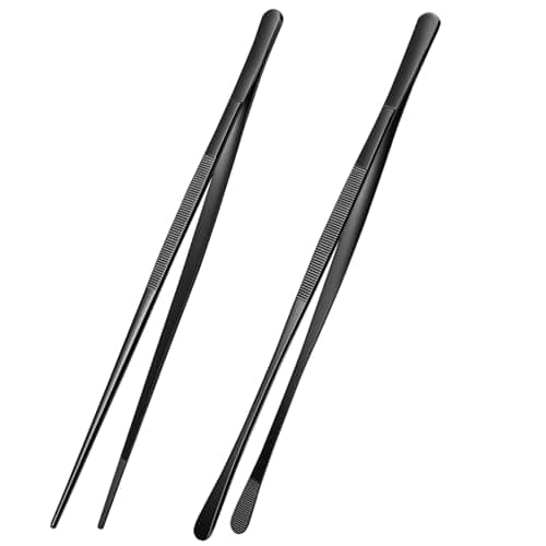 Image of Adiwo Kitchen Tweezers Tongs 2pcs, 30cm Extra-Long Non-Slip Cooking Tweezers, Stainless Steel Metal Food Tongs, for BBQ, Frying, Salad, Hot Pot, Air Fryer, Black - Straight Head + Round Head