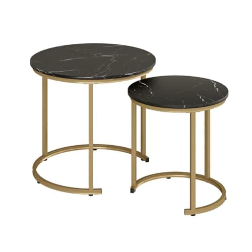 Image of HEYZOEY Round Coffee Tables, Removable Set of 2 End Table, Nesting Table, Side Table with Gold Metal Frame Legs and Marble Black Top for Living Room, Bedroom, Office, Balcony, Apartment (50/37.5cm)