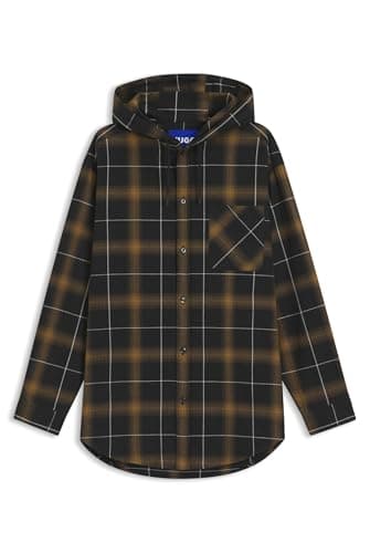 Image of HUGO Mens Ebhood Hooded Oversized-fit Overshirt in Checked Cotton