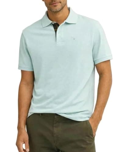 Image of Barbour Men's Tartan Pique Polo Shirt Mint Blue – Cotton Short Sleeve Classic Fit Casual Designer Polo with Signature Tartan Trim (UK, Alpha, XXL, Regular, Regular, Mint Blue)