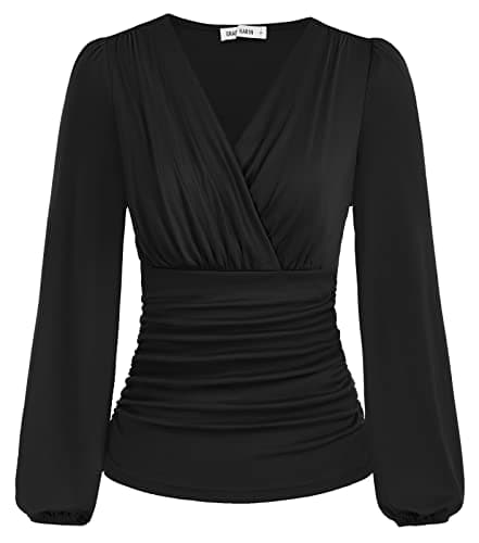 Image of Ladies Tops for Women UK Autumn Winter Elegant V Neck Long Sleeve Loose Tee Blouse Black M