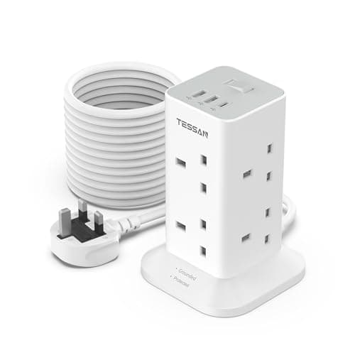 Image of TESSAN Tower Extension Lead 10M with USB C Slots, 8 Way Multi Plug Extension Socket with Long Cable, Surge Protected Power Strip with Switch, for Home, School Supplies