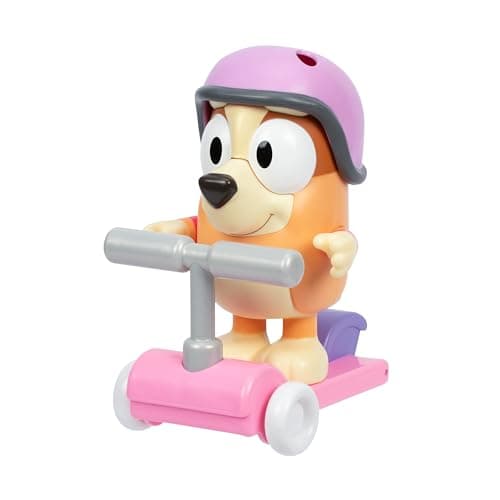 Image of Bluey Chat Mates Bingo with Scooter. Press Bingo's Nose and Hear 10 of Her phrases, This Figure Stands at 13cm Tall and Includes Her Scooter and Helmet, With Articulated Arms and Legs