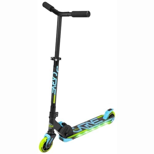 Image of Madd Gear Carve FLIGHT Folding Kick Scooter with LED Light Up Deck and Wheels for Kids Aged 3 Years and Up (Blue/Lime)