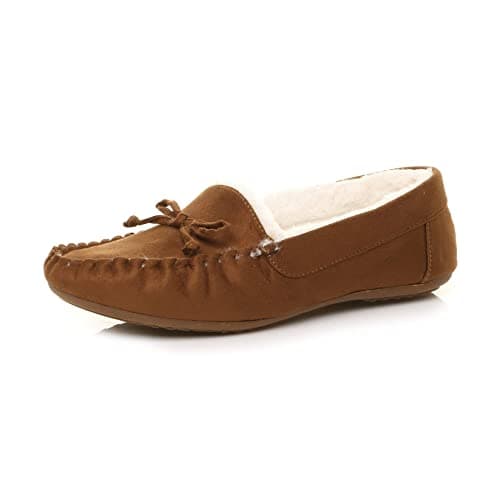 Image of Ajvani Womens Ladies Fur Lined Flexible Sole Boat Shoes Moccasins Slippers Size, Chestnut Tan, 6 UK