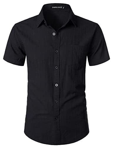Image of PARKLEES Men's Fitted Cotton Linen Casual Short Sleeve Button Up Shirts Lightweight Beach Tops with Pocket EU-PZLSC34-Black Small