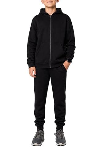 Image of NOROZE Kids Unisex Contrast Fleece Gym Sports Joggers Full Tracksuit Set Boys Girls Hoodie casual loungewear loose-fit sweatpants Ribbed cuffs (Black, 11-12 Years)