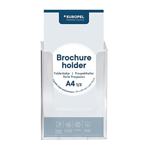 Image of Europel Wall Mounted Brochure Holder, For 1/3 A4 Size, Clear Acrylic Literature Stand & Dispenser, Booklet, Flyer & Menu Display & Dispenser for Office, Restaurants & Reception, Portrait