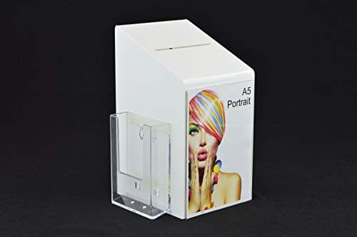 Image of Pos Display Shop Medium White Acrylic Suggestion Comments Feedback Ballot Collection Box with DL 1/3rd A4 Leaflet Holder PDS9464A5 White LH