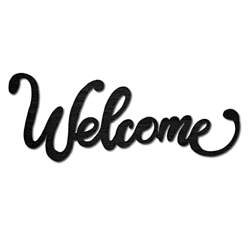 Image of CREATCABIN Wood Cutout Welcome Sign Laser Cut Wooden Wall Decor Sculpture Hanging Decor Wall Art Decoration for Home Gallery Office Front Door Black 11.9" x 4.5"