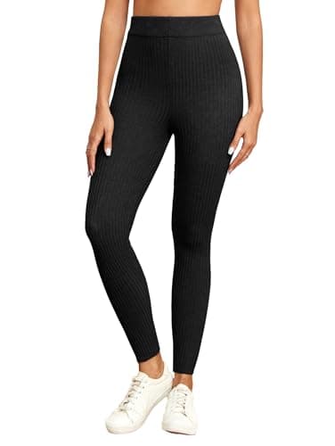 Image of Famulily Black Slim Fit Leggings for Women Rib Knit High Waist Stretchy Tights Trousers (S, Black)