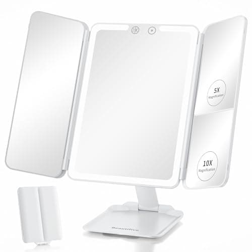 Image of Beautifive Travel Lighted Makeup Mirror with 48 LED lights, 1X/5X/10X Magnifying Tri-fold Table Mirror, Stepless Dimming and Touch Control, Portable USB Rechargeable Cosmetic Vanity Mirror