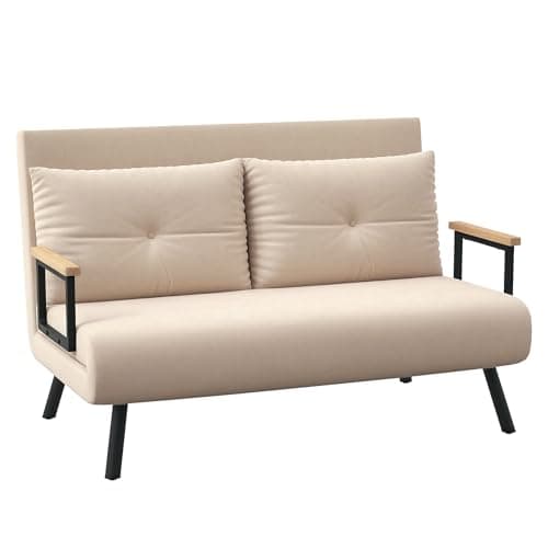 Image of HOMCOM 2 Seater Sofa Bed, Click Clack Convertible Bed Settee, Modern Velvet Feel Fabric Sofa Couch with 2 Tufted Cushions, Wood Armrests for Living Room, Bedroom, Guest Room, Beige