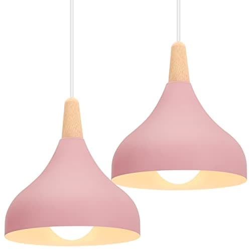 Image of iDEGU Set of 2 Retro Pendant Ceiling Lights Modern Drop Style Hat Lampshade E27 Ceiling Light Retro Light Fixture in Metal Wood Pendant Lamp for Bedroom, Dining Room, Kitchen, Φ 20 cm (Pink)