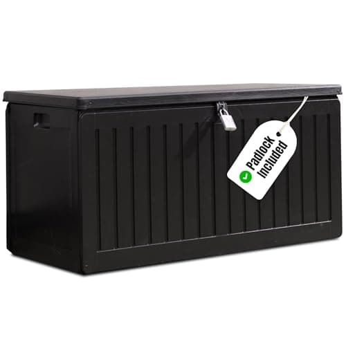 Image of Olsen & Smith 270L Sit-On Garden Storage Box – Weatherproof Outdoor Plastic Shed Seat with Padlock, Lockable Wood Effect Chest for Patio, Deck, and Garage (Black, 270 Litre)