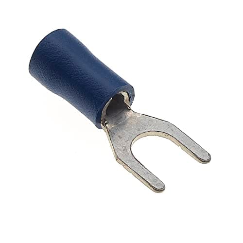 Image of Fork Crimp Terminal, Pack Of 100 - Blue, 24A, 5mm - Heat Shrink Fork Connectors, Tinned Copper Connectors, Insulated U-Type Wire Terminals