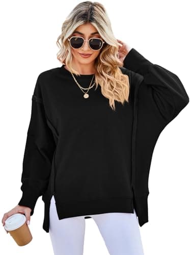 Image of SotRong Oversized Sweatshirt Women Long Sleeve Pullover Tops Ladies Sweatshirts Without Hood Plain Crew Neck Jumper Loose Casual Y2k T Shirt with Side Split Black S