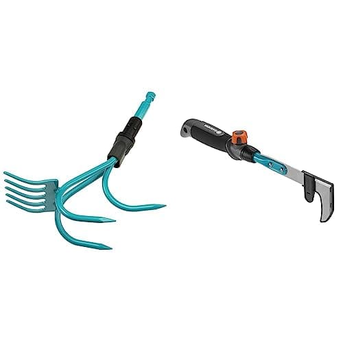 Image of Gardena combisystem Grubber-Rake: Practical 2-in-1 garden tool, turquoise and black, one size, (03165-20) & combisystem-patio weeder (8927); removing moss and weeds between paving slabs
