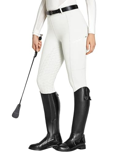 Image of FitsT4 Sports Equestrian Breeches High Waist Riding Tights for Women Full Seat Jodhpur Style with Zip Pocket,White,M