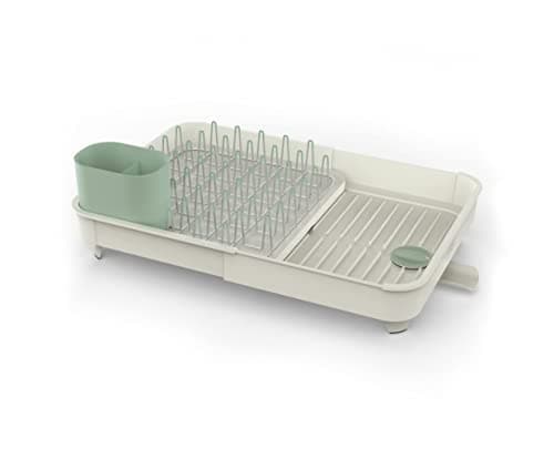 Image of Joseph Joseph Extend Expandable Dish Drainer Rack with Removable Cutlery Holder Swivel Draining Spout - Stone/Sage Green