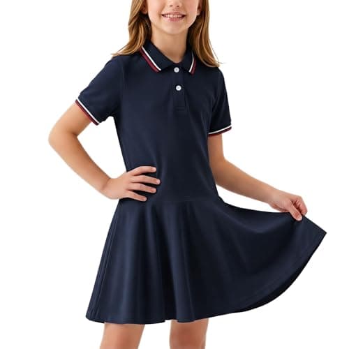 Image of Okdance Girls Polo Dress Short Sleeve School Dress Kids Tennis Dress A-Line Casual Dress with Collar for Daily Wear Summer Outfit (UK, Age, 6 Years, 7 Years, Regular, Navy Blue)