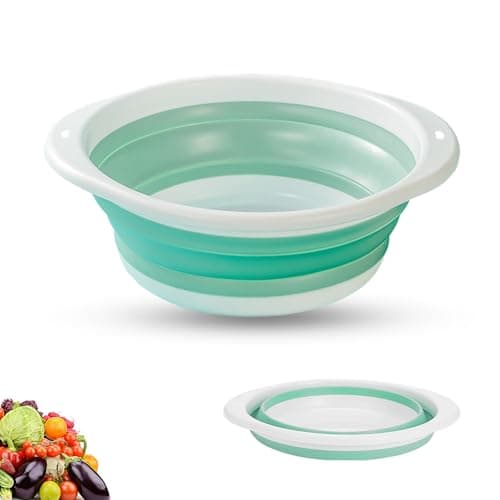 Image of Collapsible Washing Up Bowl, Portable Folding Hand Wash Basin, Multipurpose Outdoor Travel Basin, Washing Up Bowl, Silicone Bowl Tub for Travel Camping Caravans Baby & Adult Wash (Green White, Mini)