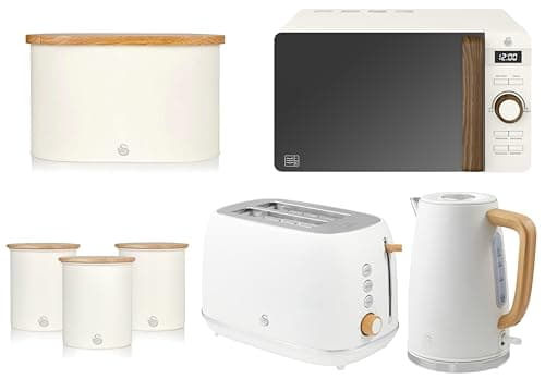 Image of Swan Fjord White Jug Kettle and 2 Slice Toaster plus Nordic 800W 20L Microwave, Bread Bin and Canisters. Matching Scandinavian Inspired Design Kitchen Set. Part of the Swan Nordic Collection