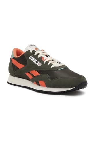 Image of Reebok Men's Classic Nylon Sneaker, Hunter Green Pump Orange Vintage Chalk, 9 UK