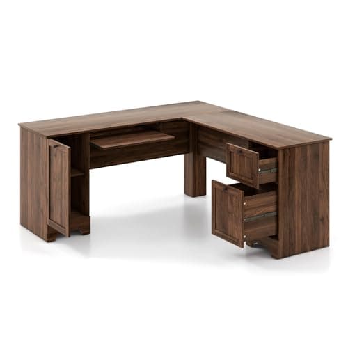 Image of CASART L-shaped Computer Desk, 170cm Reversible Corner Desk with Drawers, Cabinet & Keyboard Tray, Modern Office Desk Wooden PC Laptop Table for Home Office Bedroom (Walnut)